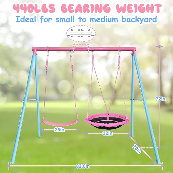 440lbs 2 Seat Kids Swing Sets for Backyard, 1 Saucer Tree Swing 32 inch, 1 Belt Swings, Heavy Duty Metal Swing Stand with Anchors(Pink+Blue)