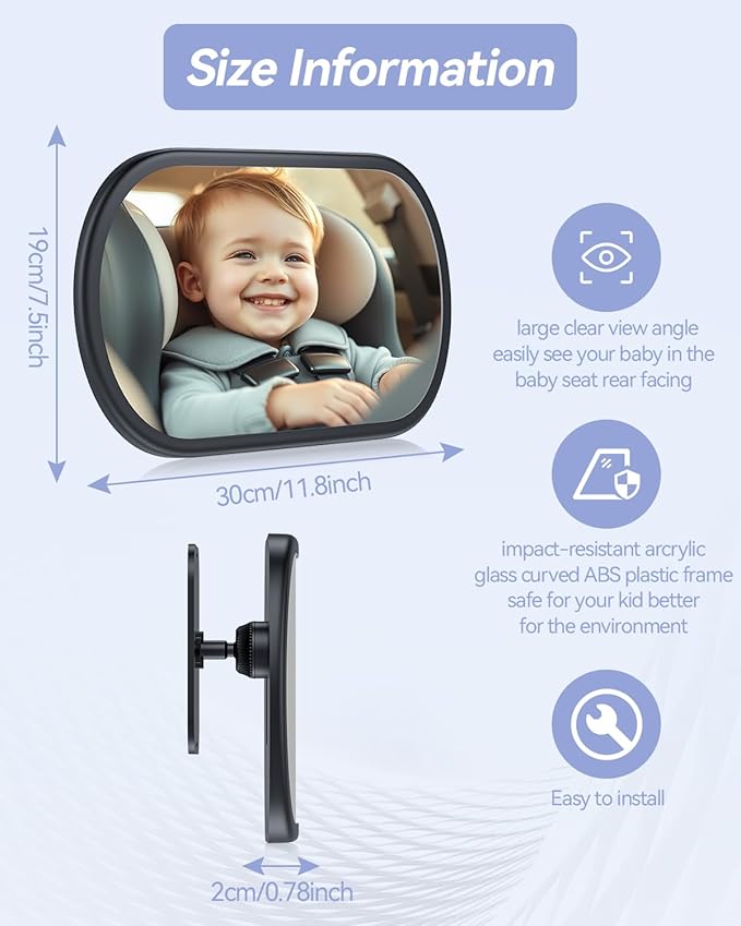 Baby Car Mirror for Backseat - Rear Facing Car Seat Mirror Safety for Infant Newborn - Easily Observe the Baby Move,Clear Wide View,360°Rotation, Secure, Shatterproof - Black