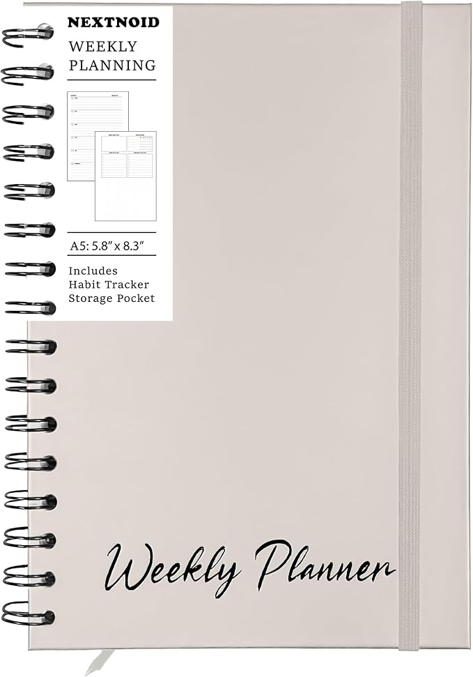 Undated Weekly Planner Notebook, A5 Hardcover Weekly to do List Notebook for Work with Goal & Habit Tracker - Spiral Beige