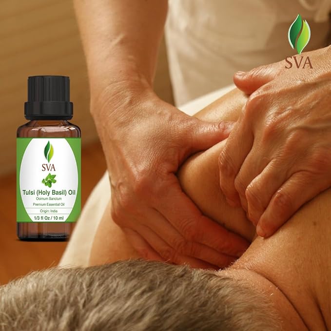 SVA Holy Tulsi Essential Oil – 1/3 Fl Oz – 100% Natural Tulsi Oil - for Diffuser, Hair Care, Face, Skin Care, Aromatherapy, Scalp and Body Massage, Soap and Candle Making