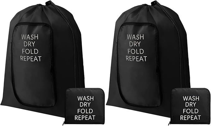 2 Pcs Travel Laundry Bag Washable Dirty Clothes Bag with Drawstring and Zipper for Suitcase, 22 x 18 Inch (Black,Classic)