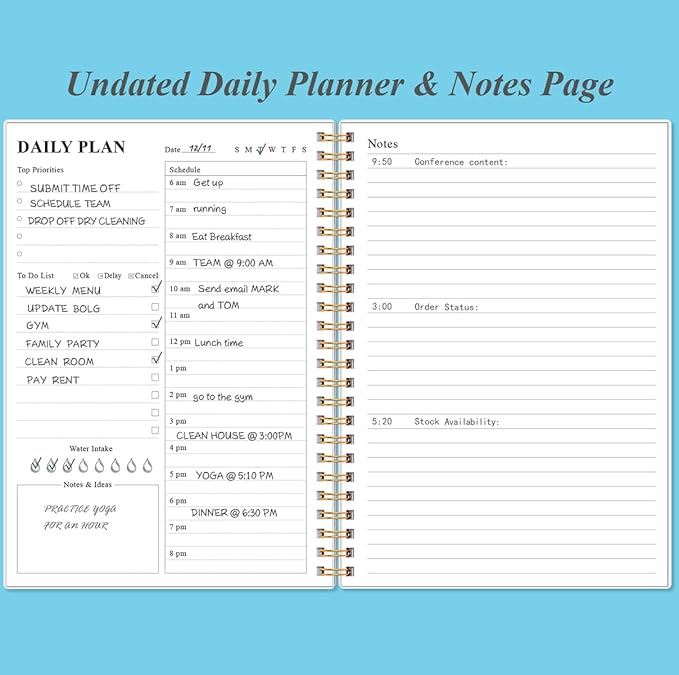 Daily Planner Undated - A5 To Do List Notebook Hourly Schedules, Spiral Appointment Planner for Women and Men, PVC Hardcover, Inner Pocket, Elastic Closure, 5.8" x 8.3", Blue Watercolor
