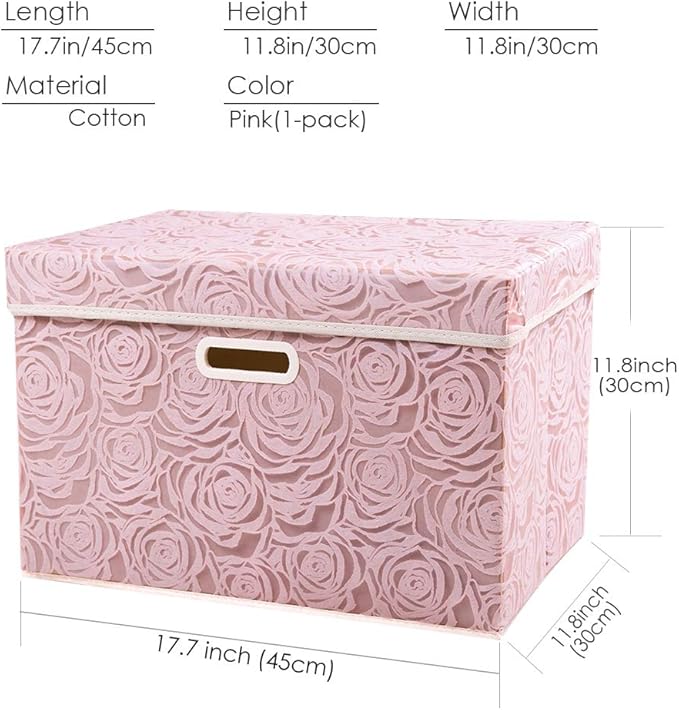 PRANDOM Larger Collapsible Storage Bin with Lid [1-Pack] Fabric Decorative Storage Box Cube Organizer Container Baskes with Handles Divider for Bedroom Closet Living Room Pink 17.7x11.8x11.8 Inch