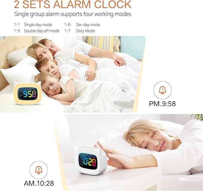 Cute Cat Ear Alarm Clock with RGB 7 Color Night Light & 18 Ringtones,Rechargeable Clock for Kids Bedroom,LED Colorful Digital Display,Bedside Clock for Boys,Girls Birthday Presents(White)