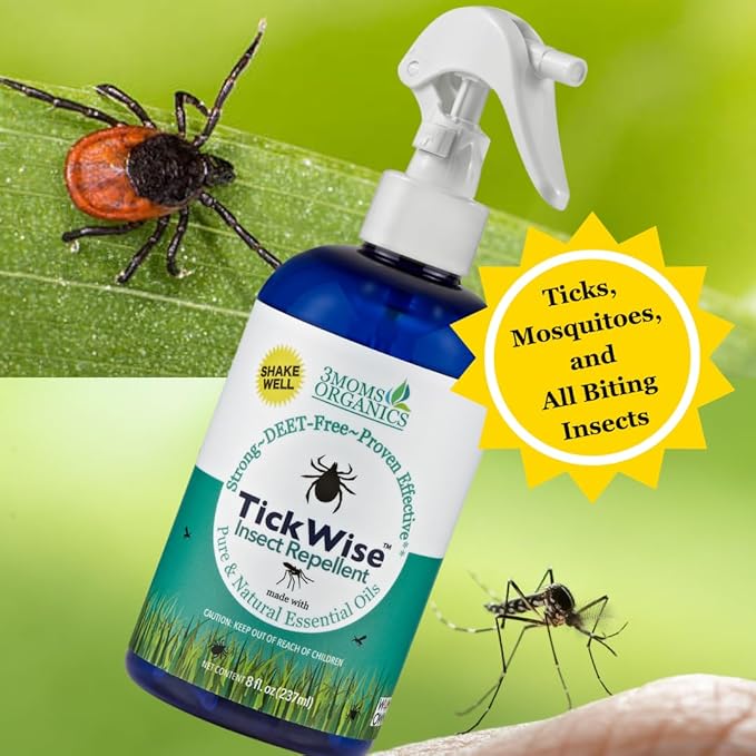 3 Moms Organics TickWise 8oz, Made with All Natural Essential Oils, DEET-Free, Tick and Insect Repellent, Plant Based Essential Oils, All Natural Ingredients Great for Adults, Kids, Dogs & Horses