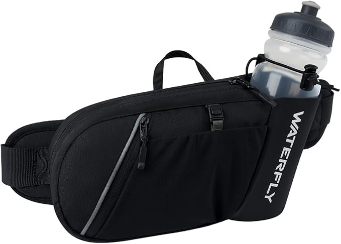 WATERFLY Fanny Pack Waist Bag: Hiking Water Bottle Holder with Strap Waist Pack for Women Men Hydration Hip Packs for Running Walking Traveling-Black