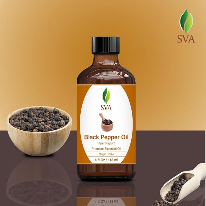 SVA Black Pepper Essential Oil – 4 Fl Oz – 100% Natural Black Pepper Oil - for Diffuser, Hair Care, Face, Skin Care, Aromatherapy, Scalp and Body Massage, Soap and Candle Making – with Dropper