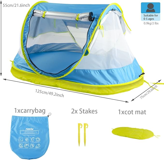 Poray Portable Baby Beach Tent with UPF 50+ Sun Shelter,Mosquito Net and Sunshade, Ideal Pop Up Kids Travel Tent with Carry Bag & 2 Stakes,Outdoor Indoor Play and Sun Protection
