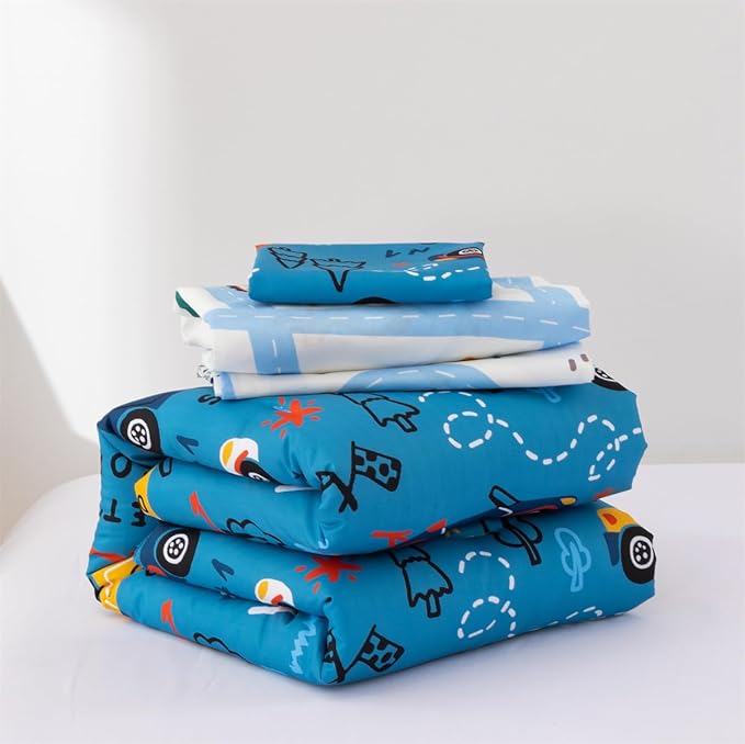 NTBED 4 Pieces Racing Car Toddler Bedding Set for Baby Boys, Hill Vehicles Transportation Printed, Includes Comforter, Flat Sheet, Fitted Sheet and Pillowcase,Blue