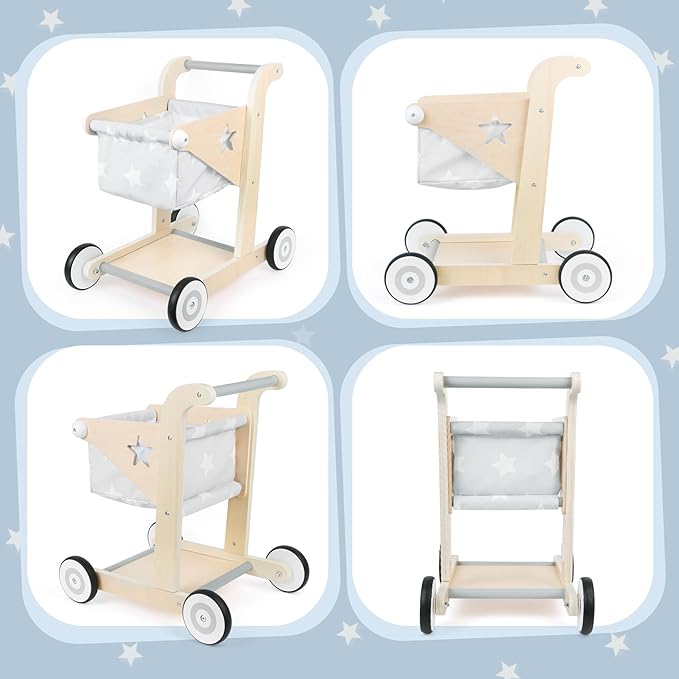 Asweets 2 in 1 Wooden Baby Walker Push and Pull Doll Stroller, Shopping Cart Learning Walker for Boys and Girls, Sit Stand Learning Toddler Toy (Grey)