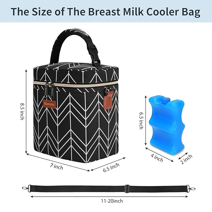 Mancro Breastmilk Cooler Bag Travel, Insulated Baby Bottle Bag with Ice Pack, Fits 4 Baby Bottles Up to 9 Ounce,Leak-Proof & Durable, Black Wave