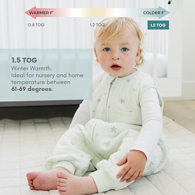 Tealbee Dreamsuit: Toddler Sleep Sack with Feet 12-18 Months, 18-24 Months - 1.5 TOG Winter Baby Wearable Blanket for Walkers - Rayon made from Bamboo, Organic Cotton Sleep Bag - Seashell