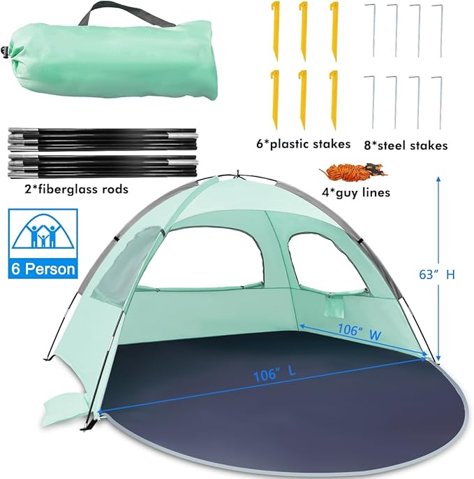 NXONE Beach Tent Sun Shade Shelter for 3/4/6 Person Person with UV Protection, Extended Floor, 3 Mesh Roll Up Windows & 8.0/8.5mm Fiberglass Rods丨Carry Bag Included