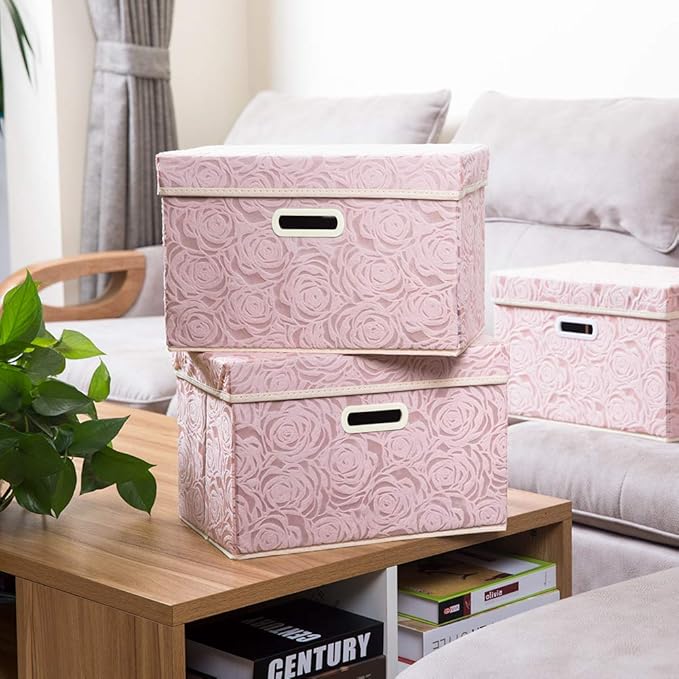 PRANDOM Collapsible Storage Boxes with Lids Fabric Decorative Storage Bins Cubes Organizer Containers Baskets with Cover Handles Divider for Bedroom Closet Living Room 14.9x9.8x9.8 Inch 3 Pack
