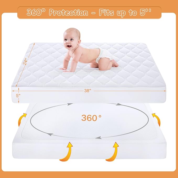 Yoofoss Waterproof Mini Crib Mattress Protector, Quilted Baby Mattress Pad Cover Soft and Breathable, Machine Washable Portable Mattress Protector for Standard Baby Mini Crib Size 38"X24" - White