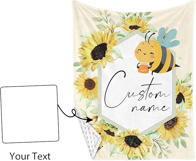 Personalized Baby Crib Bedding Set for Baby Girls, Yellow Bee Pattern Custom Name Baby Crib Sets 5-Pcs, Toddler Double Layer Blanket Fitted Sheets Changing Pad Cover Rug Wall Art Set