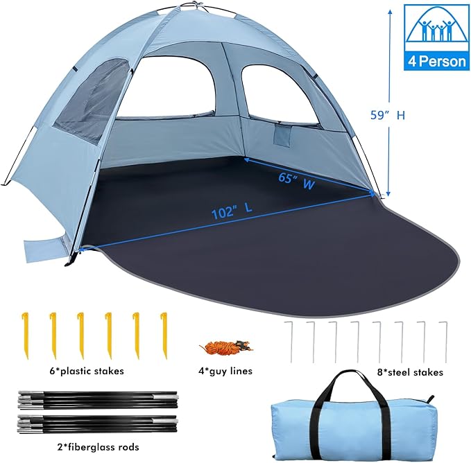 WhiteFang Beach Tent Anti-UV Portable Sun Shade Shelter for 3/4/6/8 Person, Extendable Floor with 3 Ventilating Mesh Windows Plus Carrying Bag, Stakes and Guy Lines