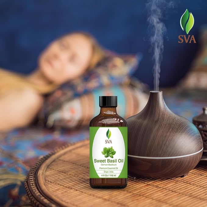 SVA Sweet Basil Essential Oil – 4 Fl Oz – 100% Natural Basil Oil - for Diffuser, Hair Care, Face, Skin Care, Aromatherapy, Scalp and Body Massage, Soap and Candle Making – with Dropper