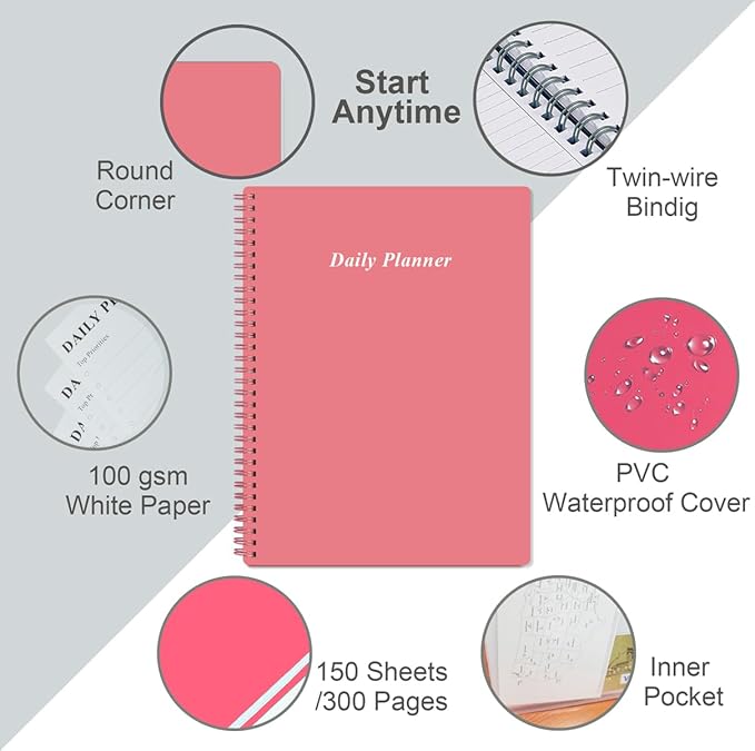 Daily Planner Undated - A4 To Do List Notebook Hourly Schedules, Spiral Appointment Planner for Women and Men,PVC Hardcover, Inner Pocket, Elastic Closure, 8.5" x 11", Pink