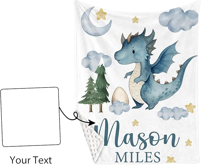 Personalized Baby Crib Bedding Set for Baby Boys Girls, Blue Dinosaur Design Custom Name Baby Crib Sets 5-Pcs, Toddler Double Layer Blanket Fitted Sheets Changing Pad Cover Rug Wall Art Set