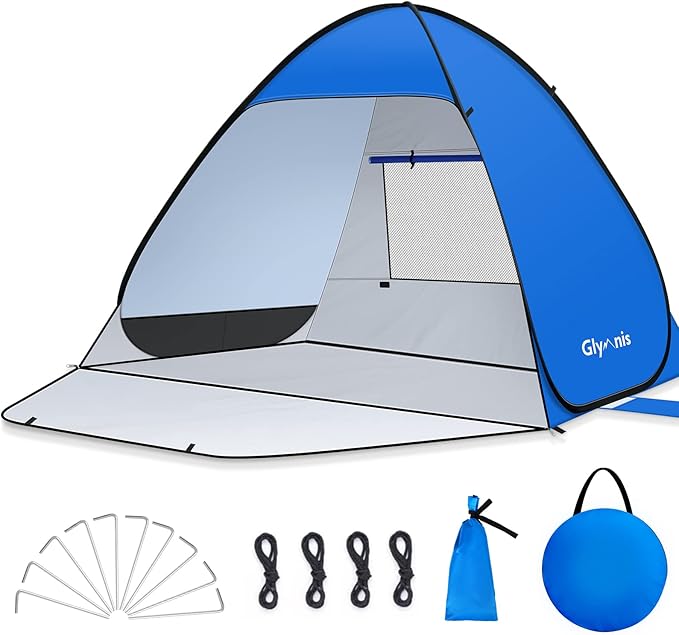 Glymnis Pop Up Beach Tent Beach Shade Tent for 1-4 Persons Sun Shelter UPF 50+ Enclose Zipper Door Portable Easy Up Beach Tent