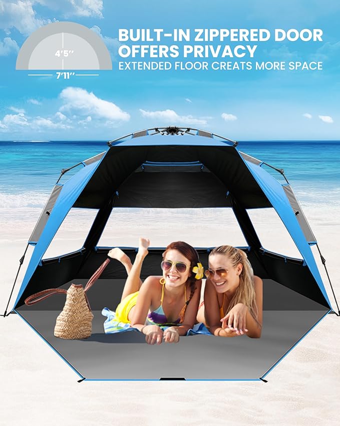 OutdoorMaster Beach Tent with Blackout Shelter Technology, Portable Beach Shade Sun Shelter Canopy for 4-6 Person with UPF 50+ UV Protection, Easy Setup Pop Up Tent Family Size