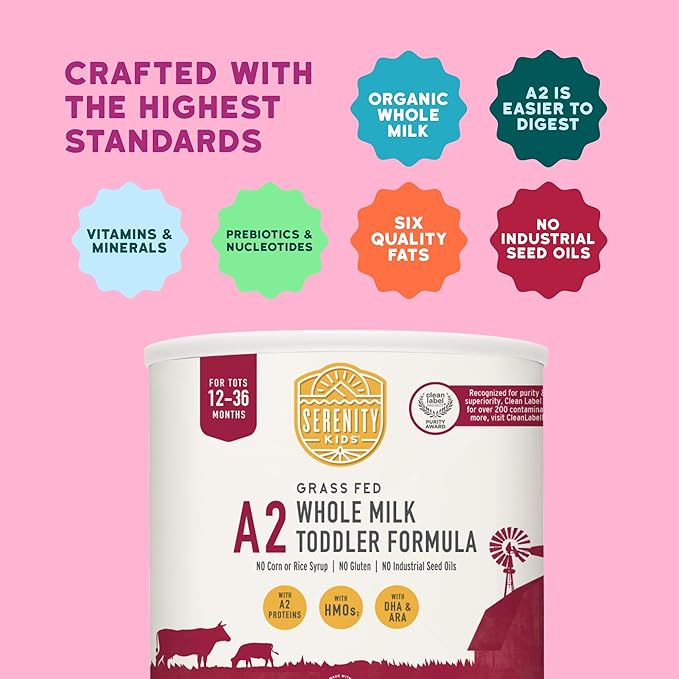 Serenity Kids 12-36 Months A2 Whole Milk Toddler Formula Powder - Organic Grass-Fed Milk Powder with Prebiotics & DHA & ARA for Brain & Eye Support - Clean Label Purity Award Certified - 21 Oz, 1 Pack