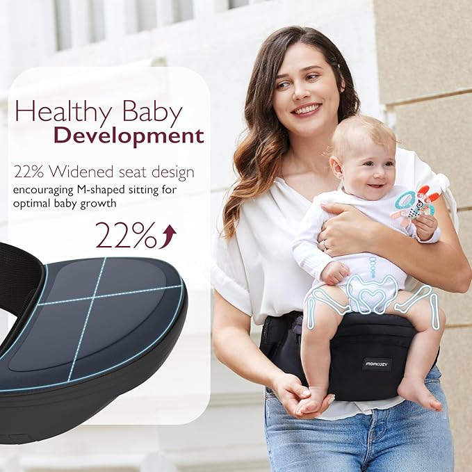 Momcozy Hip Seat Baby Carrier - Adjustable Waistband with Original 3D Belly Protector, Ergonomic Carrier with Various Pockets for Newborns & Toddlers up to 45lbs (Black, Large)