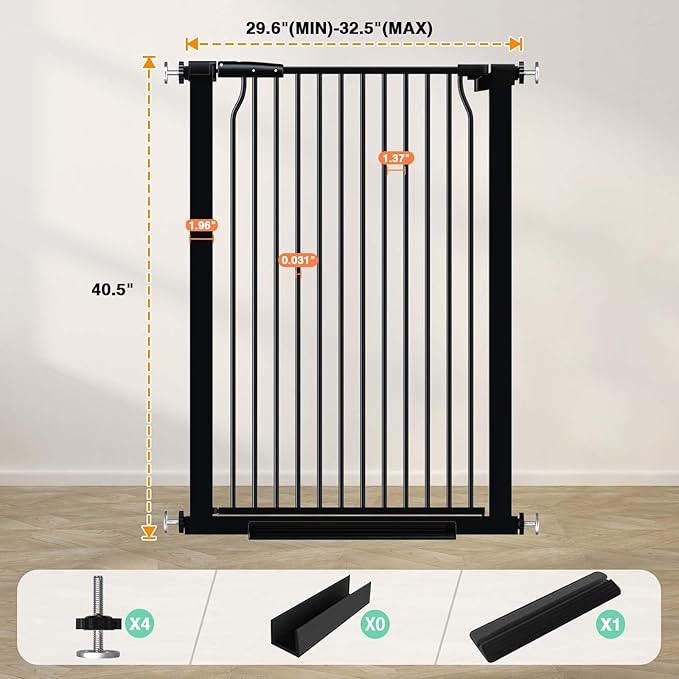 40.5" Extra Tall Baby Gate, 29.6"-32.5" Extra Wide Dog Pet Gate Pressure Mounted, Puppy Dog Proof Indoor Barrier, No Drill Safety Child Gate for Stairs 1.37" Narrow Space Metal Black Gate