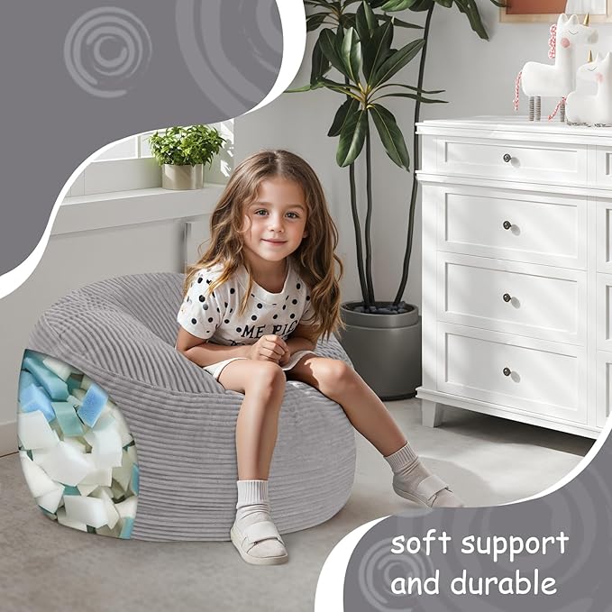 COMAX Kids Bean Bag Chair Turn into Beanbag Bed, Toddler Bean Chair Corduroy for Girl Boy Sleeping, Lazy Children Bean Bags with Filler, Convertible Child Floor Mattress, Light Grey