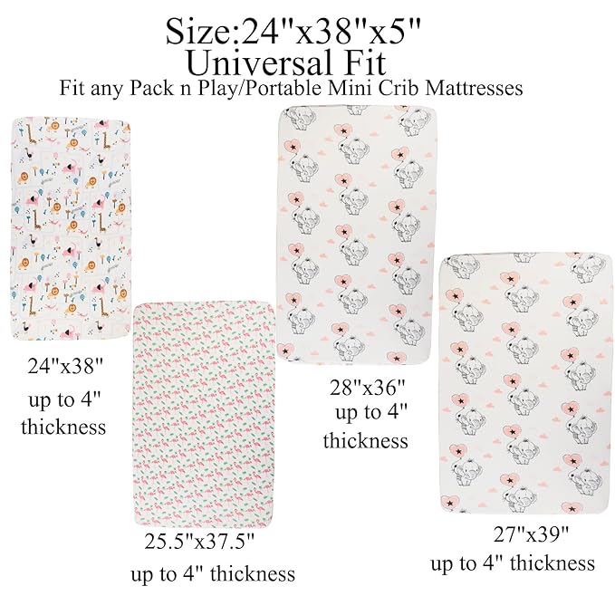Pack n Play Sheet Stretchy Fitted Portable Mini Crib Sheets Set 3 Pack,Playard Sheets Convertible Playard Mattress Cover,Ultra Soft Jersey Material,Flamingo Elephant & Lion