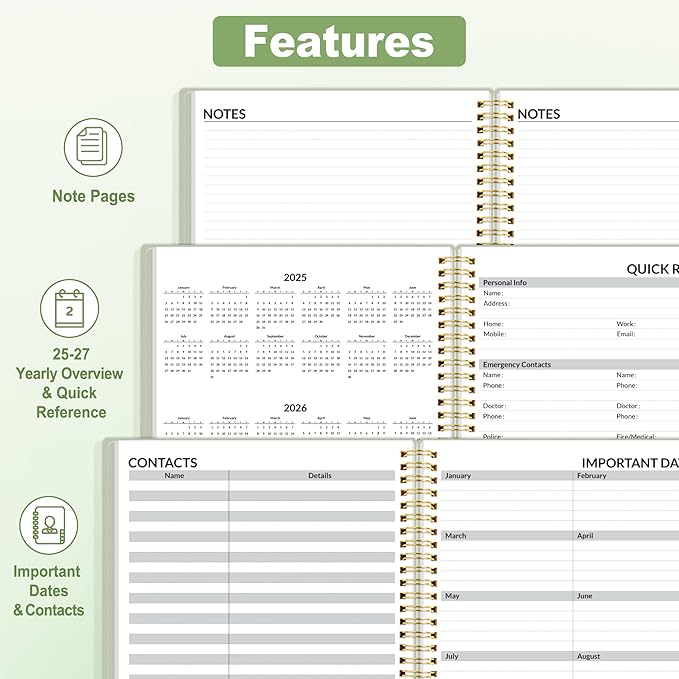 SUNEE Academic Planner 2025-2026 Weekly and Monthly, July 2025-June 2026, 8.5"x11", Tabs, Note Pages, Pockets, Bookmark, Flexible Cover, Spiral Binding, Sage Green
