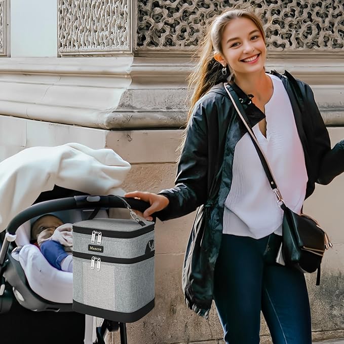 Mancro Breastmilk Cooler Bag with Ice Pack, insulated bottle bag for Daycare and Travel, Double Layer Baby Bottle Cooler Bag Fits 6 up to 9 Ounces for Nursing Moms, Light Grey