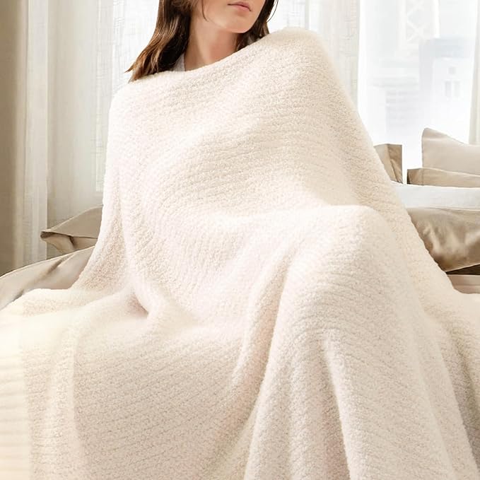 Snuggle Sac Heather Ivory Oversized Throw Blanket for Couch, Super Soft Warm Blankets Cozy Knit Fuzzy Lightweight Throw XL for Sofa, Bed, Heather Ivory, 50x 70 inches