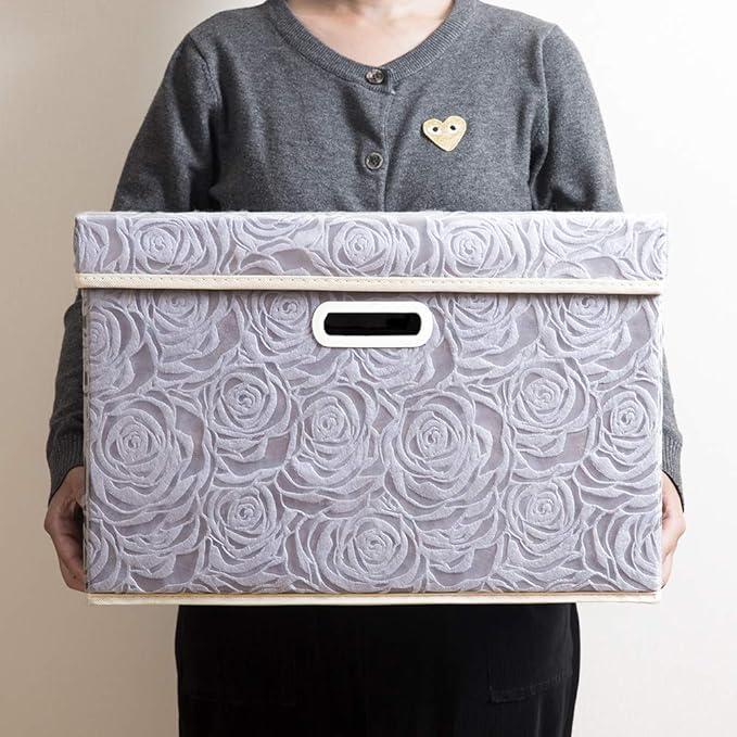 PRANDOM Large Storage Boxes with Lids [3-Pack] Fabric Decorative Storage Bins Cubes Organizer Containers Baskets with Handles for Closet Grey 17.7x11.8x11.8 In For 6+ Year Old Boys and Girls