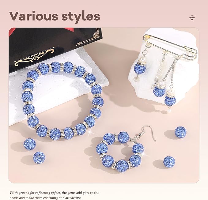 160pcs 10mm Rhinestone Beads for Jewelry Making, Light Blue Shiny Round Disco Ball Beads Bulk, Sparkle Crystal Clay Christmas for Bracelet Baseball Necklace Earring Crafting and DIY