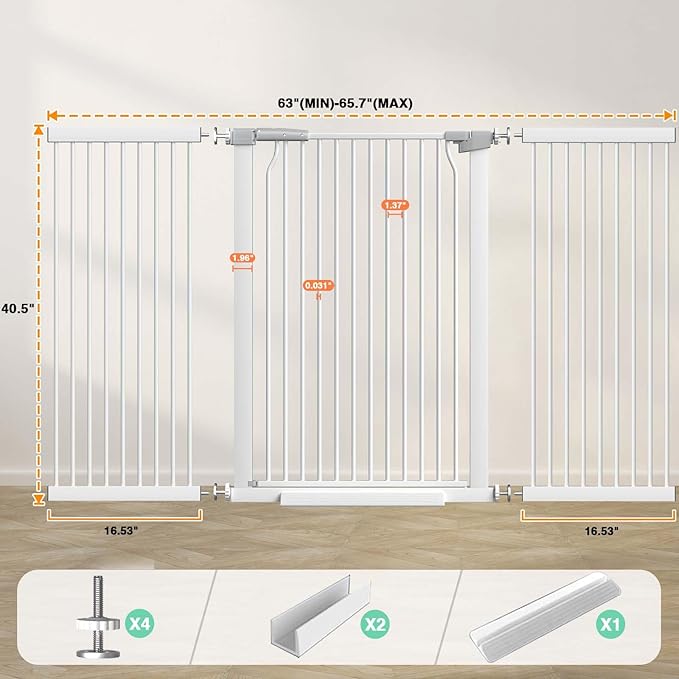 40.5" Extra Tall Baby Gate No Drill, 63"-65.7" Extra Wide Dog Pet Gate Indoor, Long Safety Child Gate, Metal Tension Auto Close No Climb Fence Pet Gate for Stairs Doorway, White
