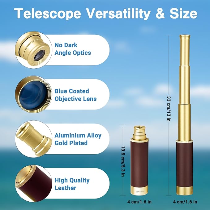 Retro Pirate Telescope 25x30 Spyglass Portable Collapsible Handheld Telescope Zoom Vintage Monocular Classical Collection Compass for Camping Hunting Boating Gift