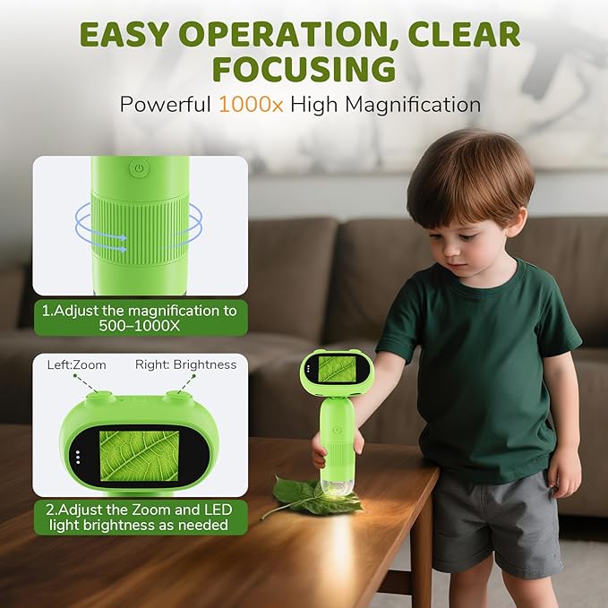 Microscope for Kids, Aurosports Kids Microscope Handheld, 1000X Pocket Miniscope Portable with Photo & Video - 2 Inch HD IPS Screen 32GB Digital Microscopes for Boys Girls Gifts