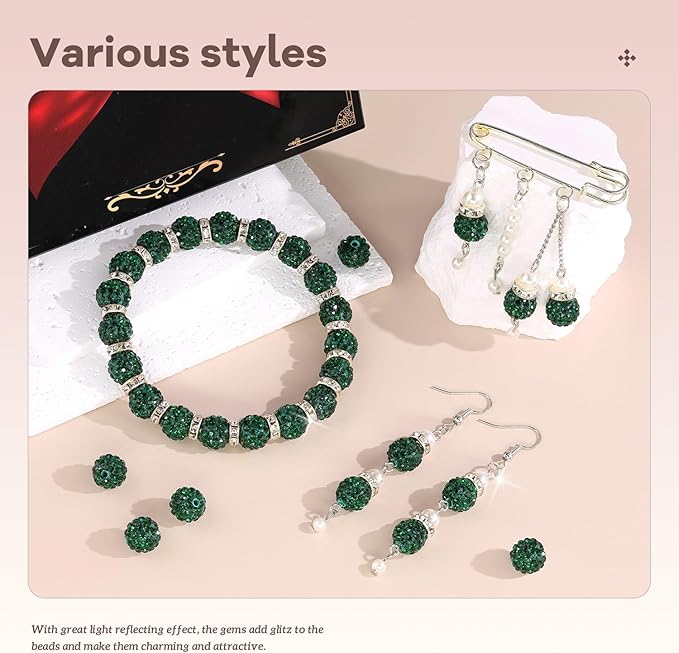 160pcs 10mm Rhinestone Beads for Jewelry Making, Dark Green Shiny Round Disco Ball Beads Bulk, Sparkle Crystal Clay Christmas for Bracelet Baseball Necklace Earring Crafting and DIY