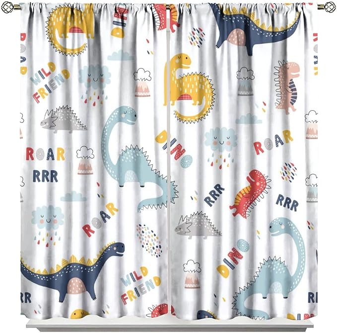 Cartoon Dinosaur Curtains for Kids Boys Girls Home Decor Colorful Cute Dino Animals Print Pattern Rod Pocket Blackout Window Drapes for Nursery Baby Bedroom Playroom W21xL45in 2 Panels