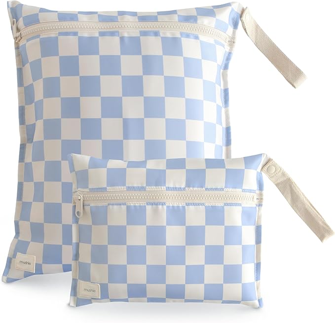 mushie Water Resistant Wet Bags | Large & Small Reusable Storage Bag for Baby Items and Travel | Zippered Pockets with Handle | Machine Washable, Set of 2 (Blue Check)