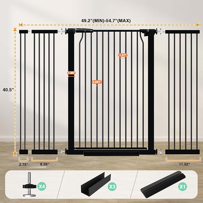 40.5" Extra Tall Baby Gate for Doorways, 49.2"-54.7" Extra Wide Pet Gate Pressure Mounted, 1.37" Narrow Space Puppy Dog Barrier Indoor, No Drill Safety Child Gate, No Climb Fence Black