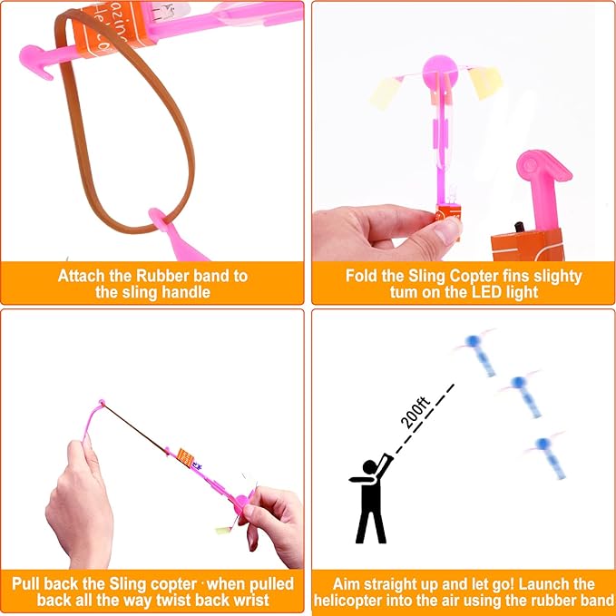 25 Sets LED Flying Set, 25 Slingshot+25 Glow Helicopter-50 Pcs, Flying Toy Outdoor Toys Glow in The Dark Party Supplies Party Favors for Kids 8-12,4-8