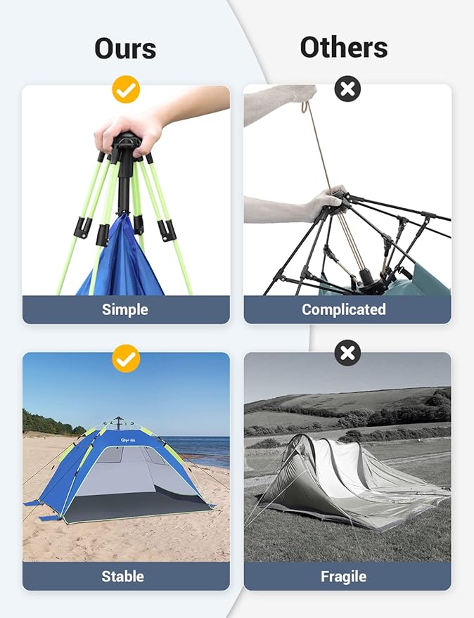 Glymnis Pop Up Beach Tent Sun Shade Shelter for 3-4 Person with UPF 50+, Lightweight & Easy Setup, Vent Windows & Zippered Door, Extended Floor Family Instant Beach Tent