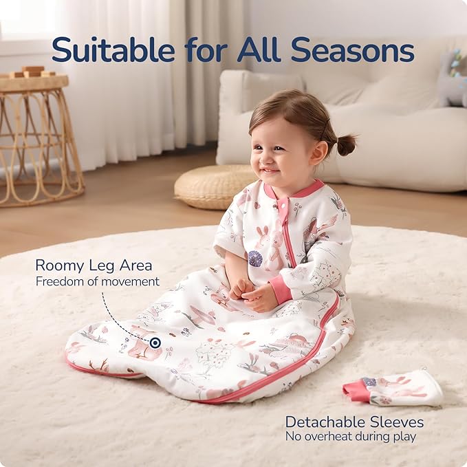 Baby Sleep Sack 18-24 Months, Cotton Detachable Long Sleeve Sleep Sack, 1.0 Tog Toddler Sleeping Sack with Temperature Strips, 2-Way Zipper Wearable Blankets for Newborns, Bunny