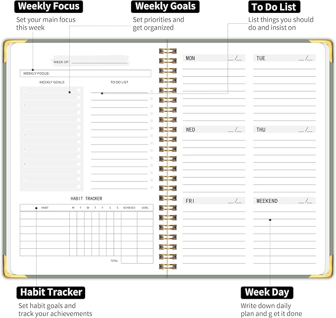 Undated Weekly Planner, Weekly To Do List Notebook with Goal & Habit Tracker Organizer, A5 5.8" x 8.0" Weekly Planner Notebook with Spiral Binding for Men or Women