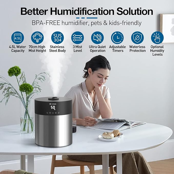 4.5L Humidifiers for Bedroom Large Room, Ultrasonic Cool Mist Humidifier with Stainless Steel Tank for Boiling Cleaning, Top Fill Humidifier with Smart Humidistat & Timer, Sleep Mode