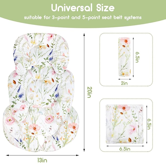 Infant Car Seat Insert, Car Seat Head Support Baby Girls Boys, Soft & Reversible Newborn Carseat Insert Cushion with 2 Strap Covers, for Stroller, Swing, Bouncer (White Wildflowers)