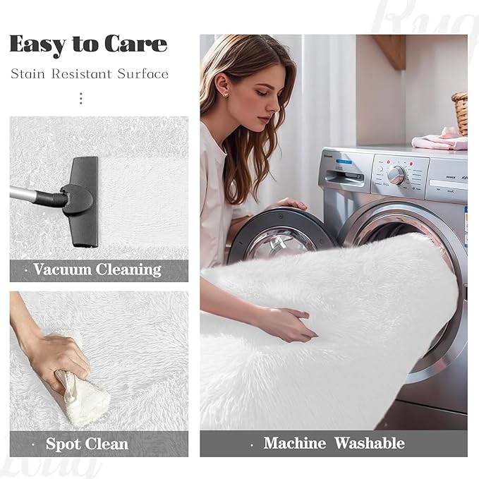 2x6 Runner Rug for Bedroom: Fluffy Shag Soft Washable Rugs Small Fuzzy Plush Indoor Carpet for Hallway Bedside Dorm Kids Girls Boys Room (White, 2'x6')